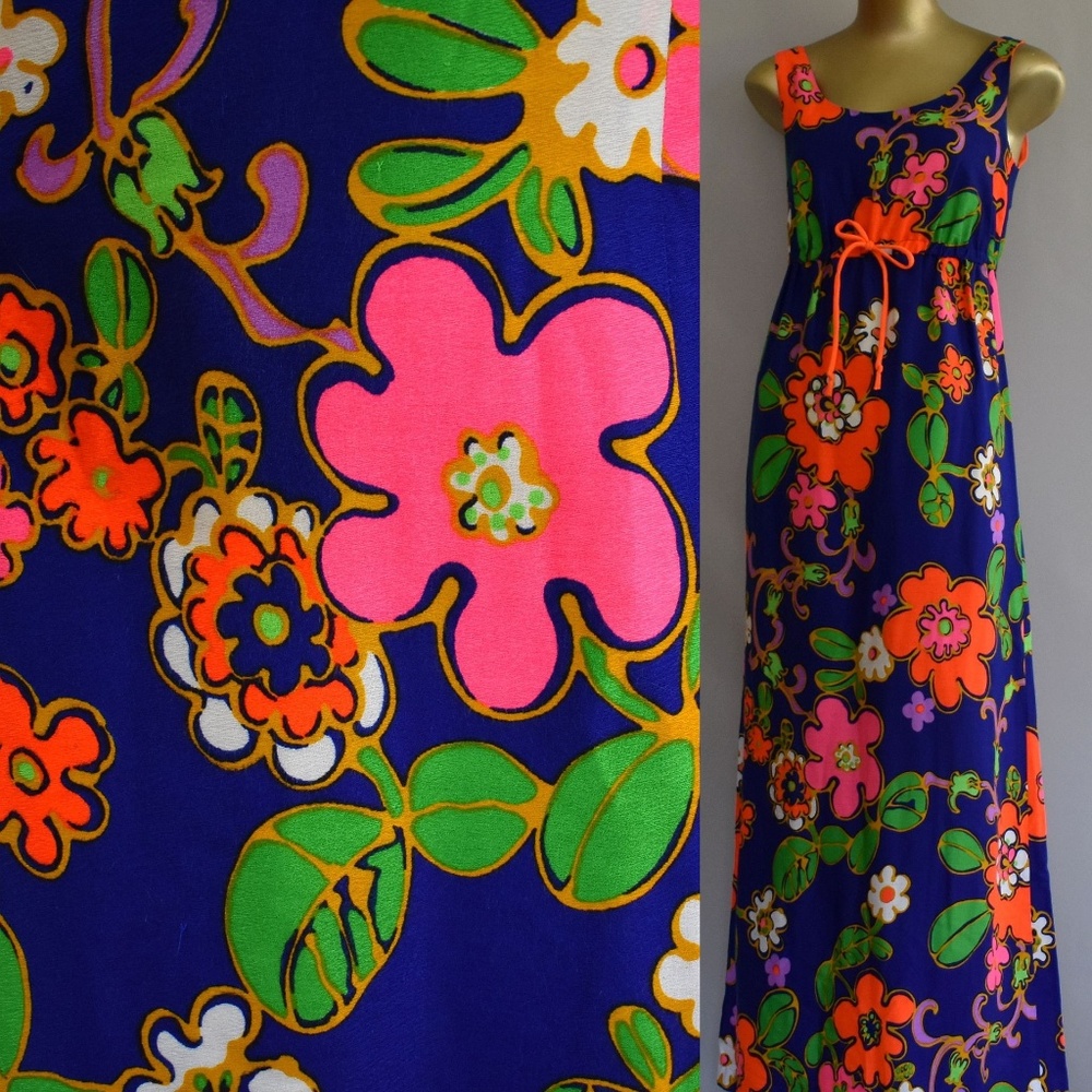 Vintage Hawaiian Maxi Dress Tropical Print S